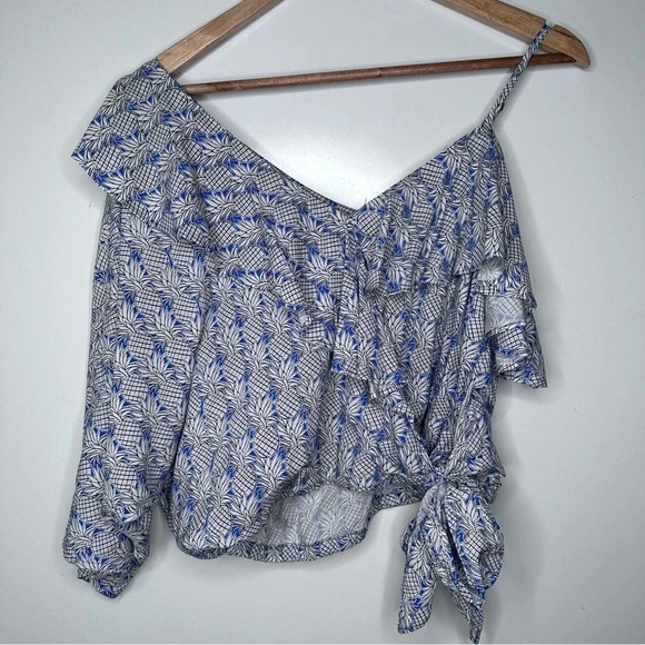 Maeve Anthropologie Blue Pineapple Print Ruffle Cropped Blouse Size Small - Picture 2 of 11